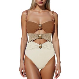 SherryDC - Traje de baño de una pieza para mujer, diseño de bandeau fruncido, bloque de color, cintura alta, con correas extraíbles, 127-marrón, M