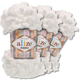Wohnkult Alize 3 x 100 g Puffy Premium Wool 62 Selection Chenille Loop Wool Knitting and Crochet without Aids (55 | White)