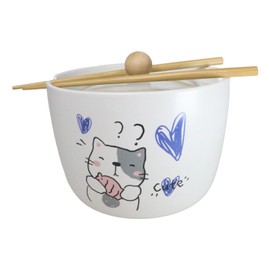 Ebros Gift Whimsical Anime Donburi Ramen Udon Noodles Soup Salad 6" D 40Oz Bowl With Bamboo Chopsticks Glass Lid And Built In Rest Set (Cute Calico Cat With Taiyaki Fish)