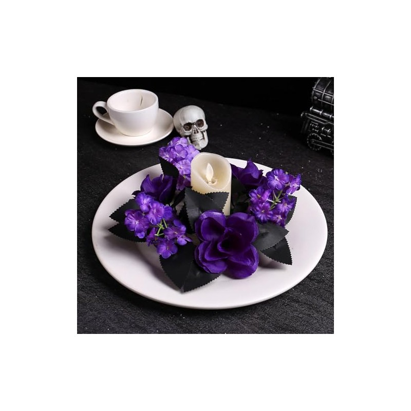 Gothic Halloween Candle Ring Wreath with Purple Roses, Black Leaves,