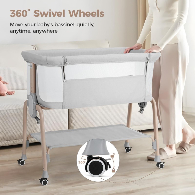 Cowiewie Bassinet Bedside Sleeper, Breathable Baby Bedside Bassinet and Mattress,