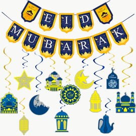 EULAPGOE Ramadan Mubarak Decorations, Ramadan Mubarak Eid Decorations Set, Hanging Swirl Star Moon Castle Crescent Streamer-Ceiling Decorations Decor for Islam Ramadan Decor