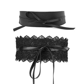 Jurxy 2 Pieces Women's Lace Wide Belt Leather Bowknot Waist Band Dress Waist Belt, black