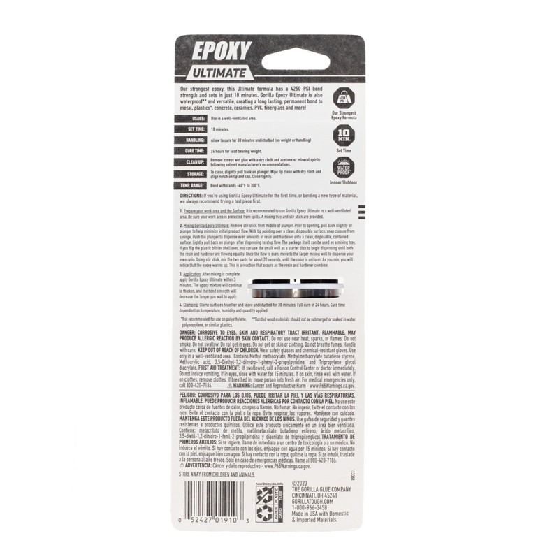 Gorilla Epoxy Ultimate, Waterproof, 10 Minute Set, Permanent Bond, Dries