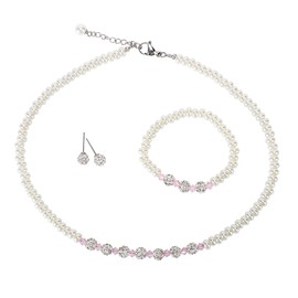 LZMEI 5mm White 14.5in Faux Glass Imitation Pearls Necklace Bracelet Earring Pink Glass Imitation Crystal Pendant Jewelry 3 set gifts For Women