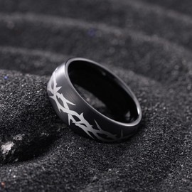 King Will Black Tungsten Carbide Wedding Band For Men, Thorn Pattern Design, 8mm Dome Matte Brushed Engagement Rings for Daily Wear and Activities, Comfort Fit Size 9