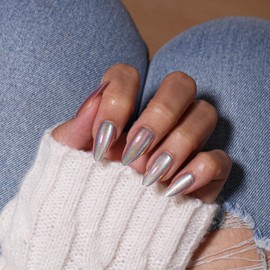 KQueenest Cat Eye Press On Nails Almond, 30 Pcs Glitter Chrome Press On Nails Medium, Sparkly Fake Nails With Glue, Mirror Effect, Reusable Luxury Glue on Nails Press ons for Women Weddings