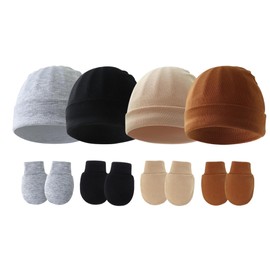 KEOYA Baby Hats and Mittens Set Infant Beanie Cap Toddler Gloves Newborn Hospital Hats for Baby Boy Girl Kid Black Grey Caramel Khaki 4 Sets
