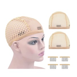 Mesh Wig Caps Crochet Wig Caps with Combs for Making Wigs (Beige 2 pcs)