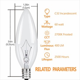 MMBGJKG 60 Watt Incandescent Candle Light Bulbs, E12 Chandelier Light Bulbs for Ceiling Fan, Vanity, Outdoor, Warm White 2700K, 600 Lumen Dimmable B10 Clear Candelabra Base Bulbs (12 Pack)