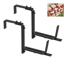 Y&M 2 Pcs Deck Railing Adjustable Planter Box Brackets (6 to 12.5 in), Universal Window Box Brackets, Heavy Duty Iron Flower Box Wall Mounting Hooks for Balcony, Fences, Patio, and Garden - Black
