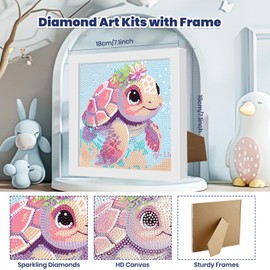 Turtle Diamond Art Kits for Kids with Frame, 5D Diamond Painting Kits for Kids Adults Beginner, Full Round Drill Diamond Gem Art Mosaic Kits, DIY Painting Arts Crafts for Kids Gift 7x7inch
