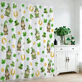 Mocsicka St. Patrick's Day Shower Curtain Green Lucky Clovers Shamrock Leaf Shower Curtain for St Patrick's Day Shamrock Decor Waterproof Gold Coin Cute Dwarf Bath Curtain 72 X 72 Inch