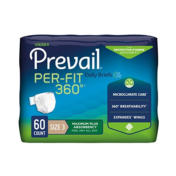 Prevail Per-Fit 360 Incontinence Briefs, Maximum Plus Absorbency, Size Three, 60 Count