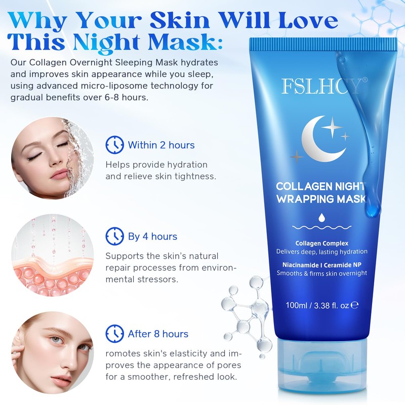 Collagen Night Wrapping Mask, 100ML Overnight Sleeping Mask Hydrating Moisturizing
