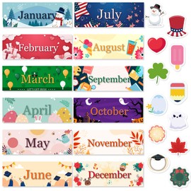 Spakon 24 Pcs Holiday 12 Months of The Year Headers Monthly Headliners Set with 12 Customized Stickers Monthly Bulletin Board Borders for School Classroom Bulletin Decorations