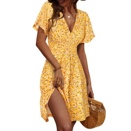 FENSACE Womens Dresses Summer Sun Dresses Skater Flower Baby Shower Floral Dress for Women(Yellow,Medium)