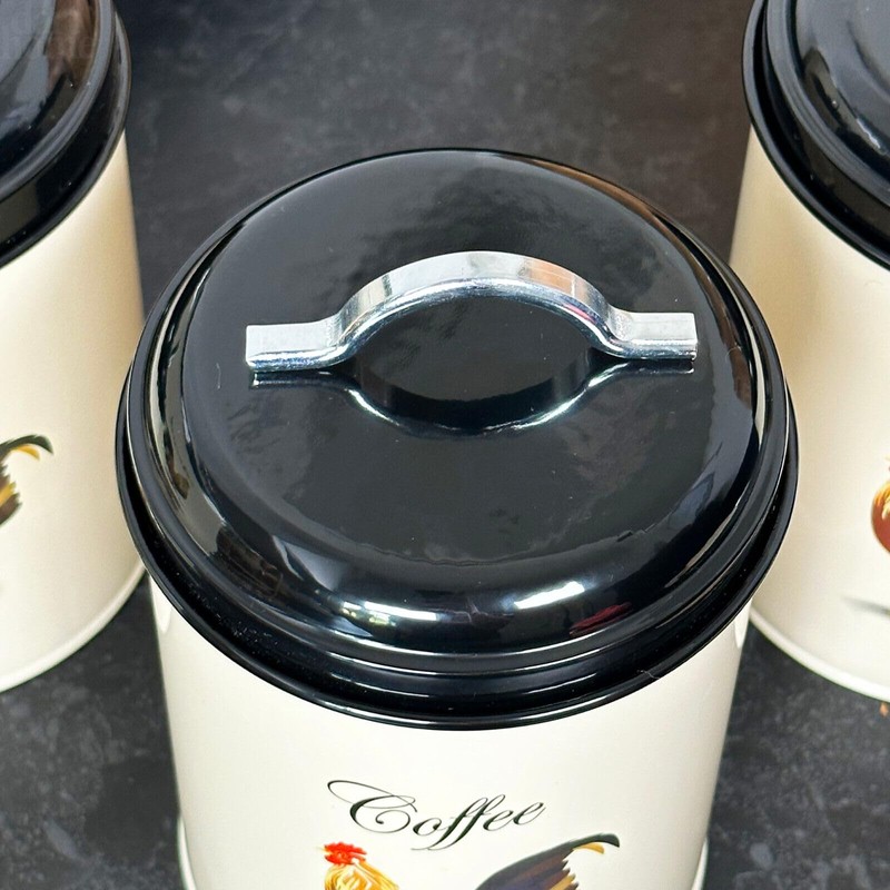 Cockerel Tea Coffee Sugar Canisters Set Of 3 Black Lids