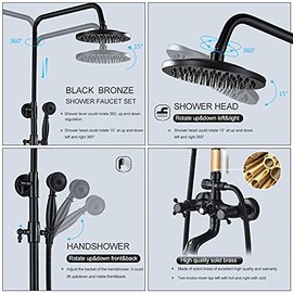 Juego Completo de Grifo de Ducha Bronce Aceitado 8 Pulgadas, Sistema de Ducha con 2 Pomos Cruzados Mezclador Montado en Pared, Cabezal de Lluvia,