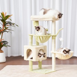 Heybly Cat Tree, 39.4 Inches Tower Condo with Scratching Post, Cat Tower for Indoor Cats, Fully Wrapped Sisal Pole, Soft Platform, 2 Baskets and Dangling Toy, Green and Beige HCT006SGM