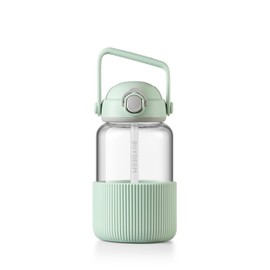 BUYDEEM DG710 Glass Water Bottle 34oz, Portable Water Tumbler with Straw, High Borosilicate Glass, Heat Resistance, Ideal for Travel Home Office, Cozy Greenish