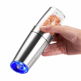 Electric Salt Ginder, Automatic Pepper Grinder, Gravity Induction Pepper Mill, Batterys (6xAAA, Not Included)-Operated, Adjustable Coarseness, LED Light, Home/Restaurant/Travel are Available. Silver.