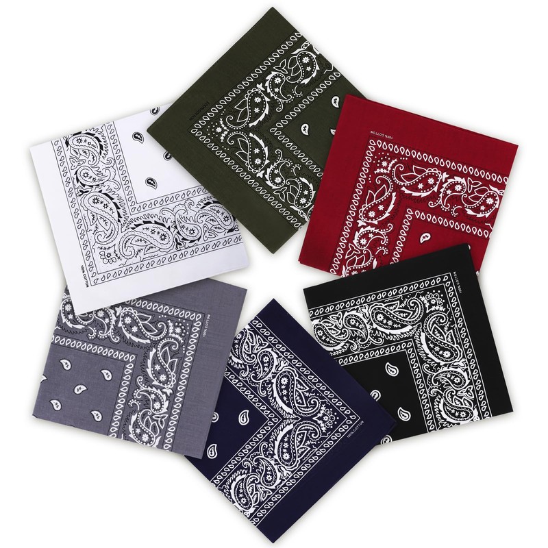Nymora 6-Pack Paisley Bandana Set - 100% Cotton Kerchiefs in