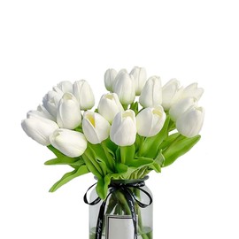 Nature’s Mimic 20pcs White Tulips Artificial Flowers Silk Tulips Flowers Fake Tulips Flowers Mother's Day Easter Valentine’S Day Gifts in Home Kitchen Wedding Dining Table Decorations