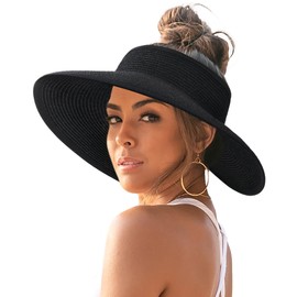 FURTALK Sun Visor Hats for Women Wide Brim Straw Roll Up Ponytail Summer Beach Hat UV UPF 50 Packable Foldable Travel Black