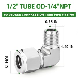TAISHER 1PCS 316 Stainless Steel 90 Degree Compression Tube Pipe Fitting Connector, 1/2" Tube OD x 1/4" NPT Male Adapter