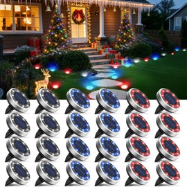 btfarm 24 Pack Solar Lights Outdoor, 8 LED Solar Ground Lights IP65 Waterproof Flat Solar Disc Light, Pathway Lights for Garden Lawn Yard Christmas Decorations, Red+Blue+Cool White