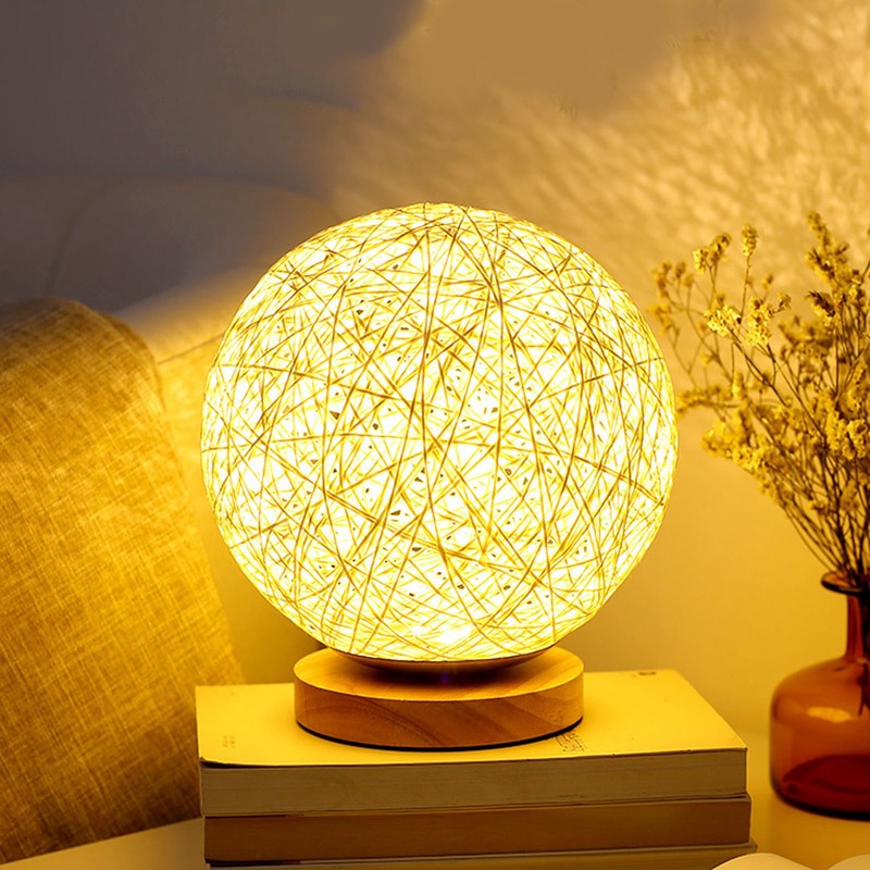 LED Bedside Table Lamp Dimmable 3W Creative USB Rattan Ball