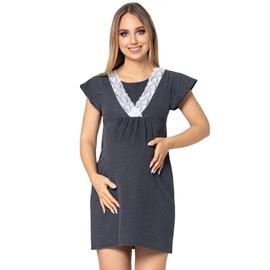 Purpless Maternity Short Sleeve V-Neck Lace Detail Pregnancy & Nursing Nightdress 4242n (10, Graphite)