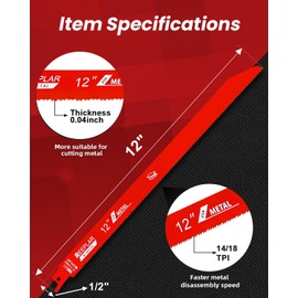 25 Pack 12 inch 14/18 TPI Bi-Metal Auto Dismantling Sawzall Blade for 1/16-5/16 Medium Metals, 12” 18-TPI Reciprocating Saw Blades for Metal Cutting
