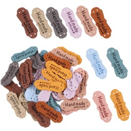 TopBine 50pcs Handmade Leather Labels,Microfiber Sewing Labels 10 Color Rectangle Word Handmade，Love Hearts Handmade Embossed Crochet Tags with Holes for Crafts Knitting Sewing Hats Purses Clothing