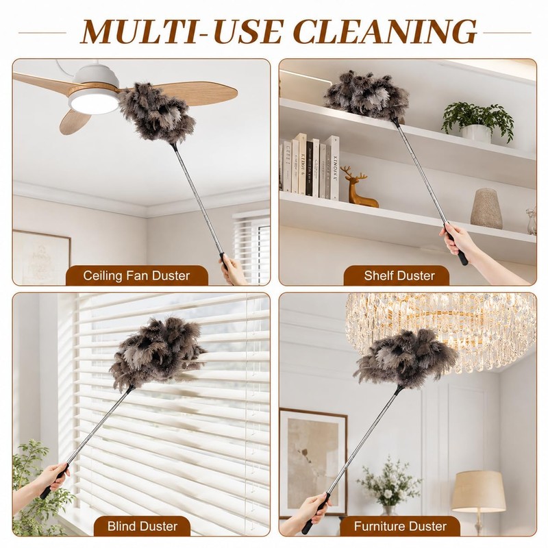 Extendable Ostrich Feather Duster 17–40 Inch, Fluffy Long Handle Reusable