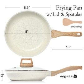 ESLITE LIFE Nonstick Ceramic Frying Pan Skillet with Lid, Non-Toxic Egg Omelette Kitchen Cooking Pans Compatible with All Stovetops (Gas, Electric & Induction), PTFE & PFOA Free (White, 8" w/Lid)