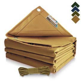FoundGo 12x24ft Canvas Tarp 22 Mil Tarps 14 oz Canvas Tarpaulin Heavy Duty Cloth Water/UV Resistant Cover with Rustproof Grommets & Ropes for Cars,Roofs,Boats,Camps,Sunshades，Moisture Barrier -Tan