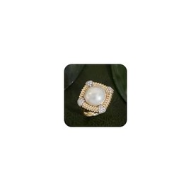 18K Gold Italian Textured Pearl Ring – Vintage Aurora Mabe Pearl Cocktail Ring for Women, French Retro Jewelry Size 8