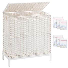 SETVSON Laundry Hamper with Lid 132 L, (35 Gallons) Clothes Hamper with Lid, Handwoven Rattan Laundry Hamper with Metal Heightened Feet, Laundry Hampers with 3 Removable Liner Bags for Laundry-White