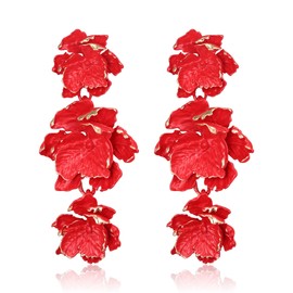 EVER FAITH Red Flower Statement Earrings, Vintage Boho Enamel Floral Flower Drop Dangle Earrings for Summer Beach Vacation