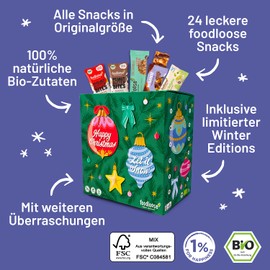 foodloose Organic Snack Advent Calendar 2025, Vegan, Gluten-Free and Lactose Free, Nut Bar, Nut Butter Bites & White Delights, Includes Limited Winter Varieties & Surprises