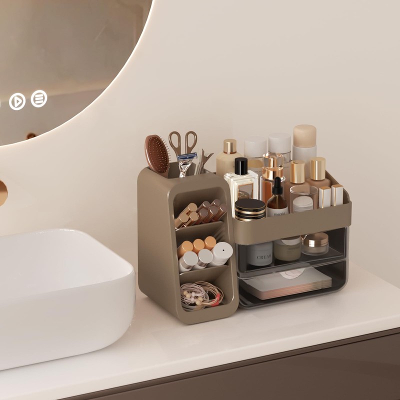 Makeup Organizer with Adjustable Brush Holder for Vanity, Large Skincare