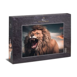 Ulmer Puzzleschmiede - Big Boss Puzzle - Powerful 1000 Pieces Lion Puzzle - The Roaring Lion is the Boss in the Landscape of Africa - Impressive Animal Motif, Puzzle Made in Germany