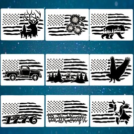 9 Pcs American Flag Stencils, We The People Deer 1776 Cow Bear Sunflower for Painting on Wood Canvas Walls Fabric Wood Burning Patriotic (8.3"x11.7")