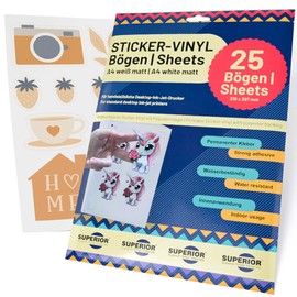 Sticker Papier zum Bedrucken – Superior Sticker Vinyl A4 – Bedruckbare Vinylfolie für Inkjet-Drucker – Selbstklebend & Wasserfest – Für DIY Aufkleber, Etiketten, Basteln & Scrapbooking