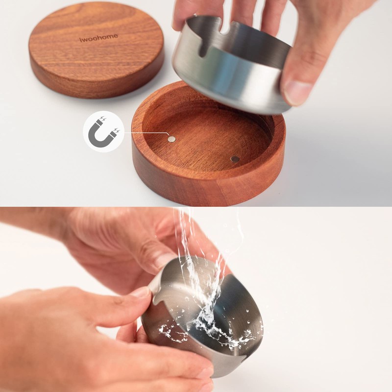 Ashtray with Lid, Stylish, Combined with Wooden and Stainless Steel,