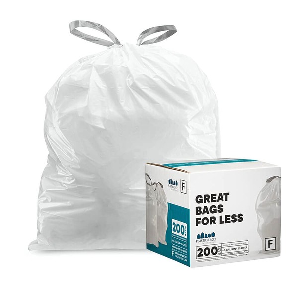 Plasticplace Custom Fit Trash Bags, Compatible with simplehuman Code F (200 Count) White Drawstring Garbage Liners 6.5 Gallon, 21.75" x 20"