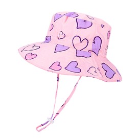 LACOFIA Baby Sun Hat Toddler Girls Summer Bucket Hat Kids Wide Brim Beach Cap with Adjustable Chin Strap Pink Heart 1-2 Years
