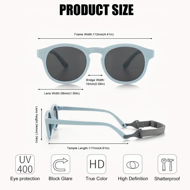 VVQWCY Baby Sunglasses, Adjustable with Strap, Children's UV400 Protection Sunglasses,
